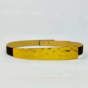 Brown Leather Belt with Gold Hammered Metal Bar 34”